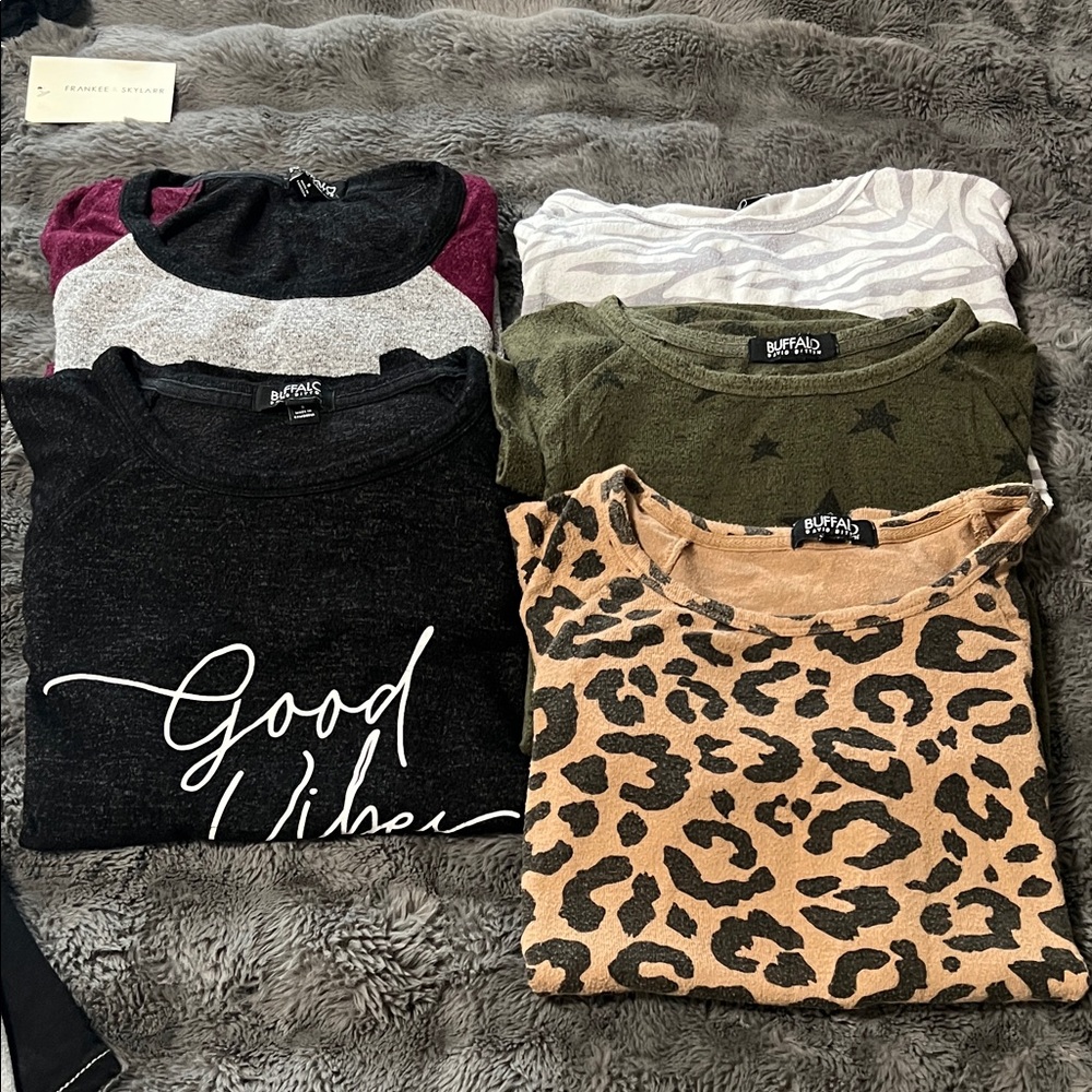 Buffalo David Bitton Mixed Print Tops in Black, Green, and Tan